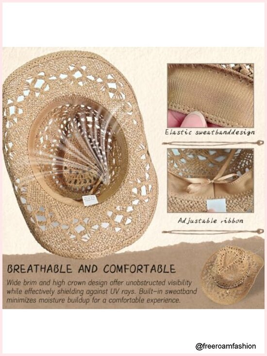 Straw Cowboy Hat with Interchangeable Bands, Wide Brim Woven Sun Hat main image 5